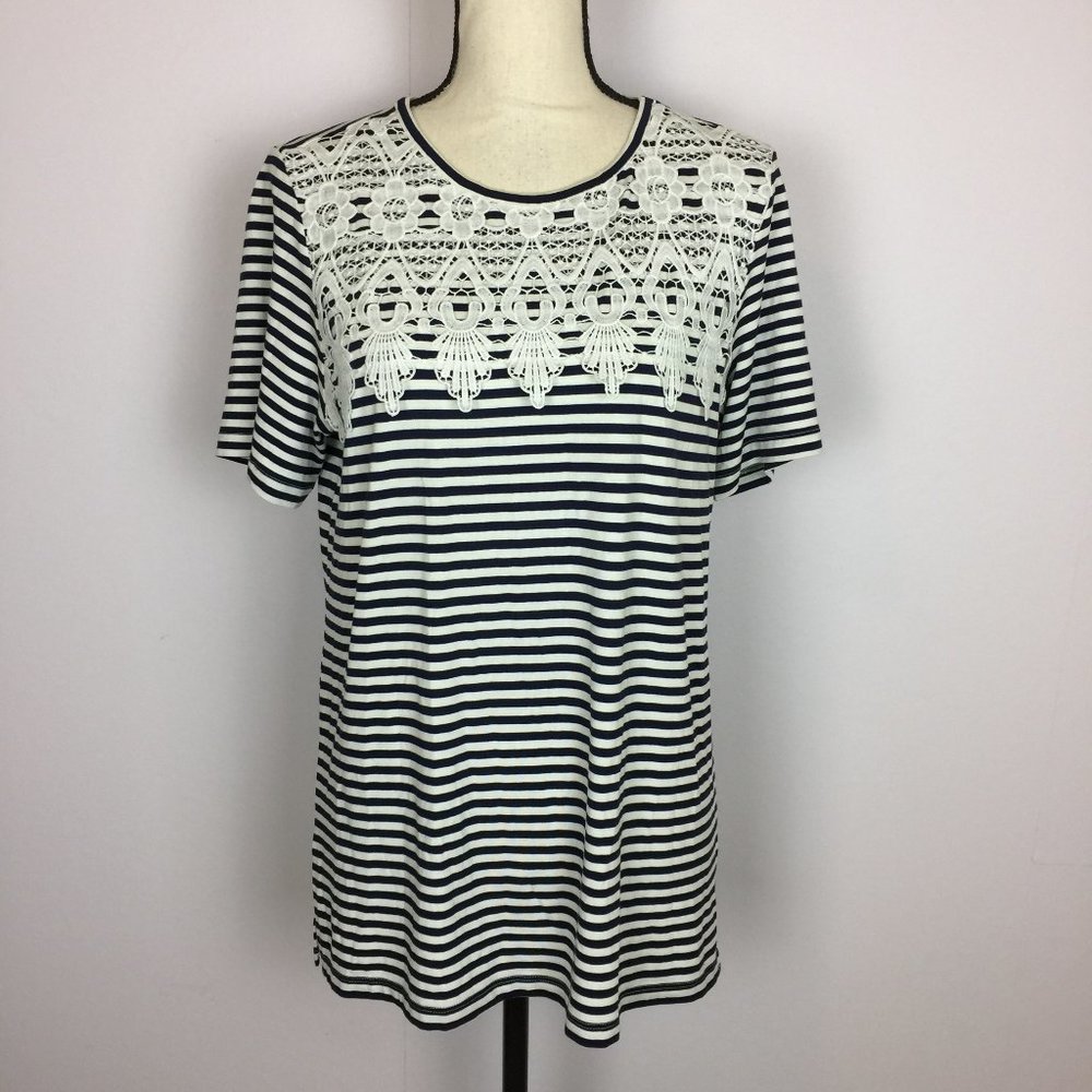 NEW!! Blair Blouse Tee Top Size S Womans Navy White Striped Lace Short Sleeve